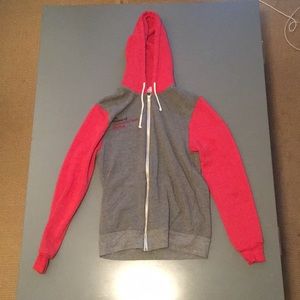 Red and grey zip up hoodie
